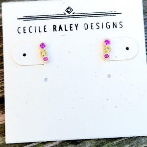 Three Stone Round Bar Earrings in 14 kt Rose Gold, Rare Gemstone Earrings with Neon Spinel, Yellow Diamond and Pink Sapphire