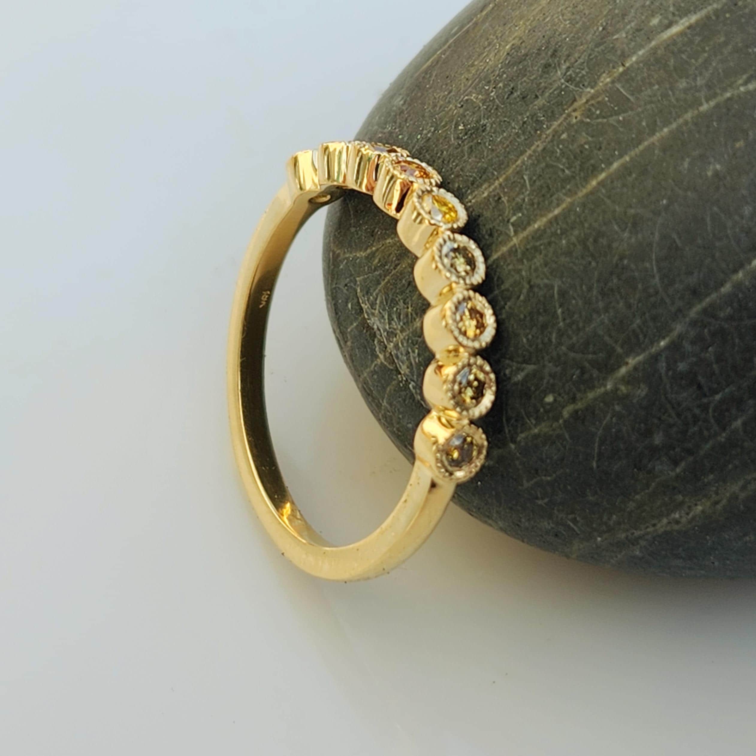 Yellow and green diamond Semi Eternity Band, 18 kt Yellow gold yellow and green Semi Eternity band, 9 Stone Bezel Ring with Millgrain