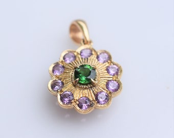Halo Pendant in 14 kt Rose Gold with Tsavorite Garnet and Lavender Sapphire, August Birthstone Pendant, Charlotte Flower Pendant