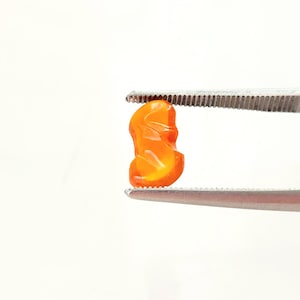 May include: A small, translucent, vibrant orange gemstone with a smooth, polished, and irregular organic shape. The stone is held securely between the serrated metal tips of a pair of silver-toned tweezers, showcasing its bright, warm color.