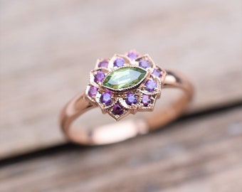 Russian Demantoid and Sapphire Ring, Double Petal Ring in 14Kt Rose Gold, Green and Purple Marquis Stone Ring, Flower Ring in Pink Gold