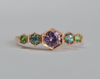 Sapphire Rose Gold Ring, Sapphire Mint Garnet Zircon Ring, 14 Kt Gold Ring, Gemstone Ring, Five Stone Ring, Hexagon Ring