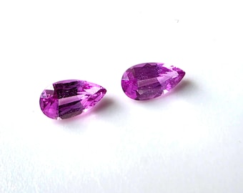 Par de safiras rosa em formato de pera, lapidadas em formato alongado, provenientes de Madagascar, 6 x 3 mm, 0,78 quilates, sem tratamento térmico.