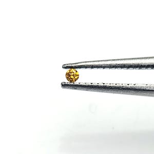 May include: A small, round, faceted gemstone with a vibrant amber-orange colour held securely between the serrated metal tips of a pair of silver-toned tweezers. The stone displays a brilliant, reflective surface with multiple cut facets.
