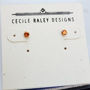 Mandarin Garnet Stud Earrings in 14 Kt Yellow gold, 3mm Yellow Garnet Studs, Orange Stud Earrings, Low Profile Studs, January Birthstone