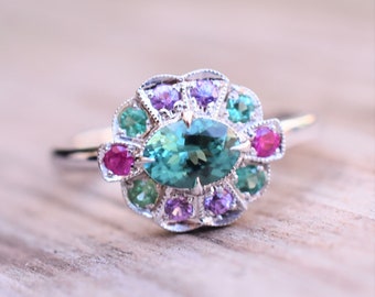 Tourmaline, Emerald and Sapphire Ring, 14k White Gold Sapphire and Ruby Ring, Alice Ring, Birthstone Ring, Art Deco Style Ring