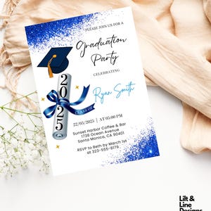 Graduation Party Invitation, Class of 2025 Invite, Blue Graduation Announcement, Self-Editable Digital Download, Printable Grad Card