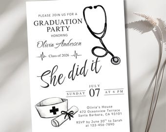 Editable Nurse Graduation Invitation | Black & White Design | Nursing School Party Template | RN Graduation Printable Digital Download