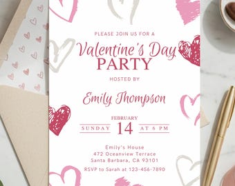 Valentine's Day Party Invitation, Valentine's Party Invite, Galentine's Day Invitation, Valentines Heart Dinner Party Card, Editable Canva