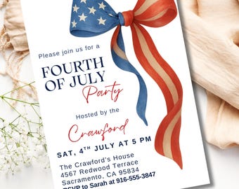 4th of July Party Invitation | Red White Blue Bow | Patriotic BBQ Invite | Independence Day BBQ | Editable 4th of July | Summer BBQ Backyard