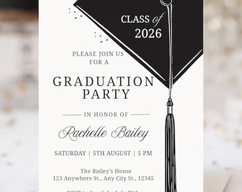 Graduation Party Invitation, Class of 2026 Invite, Black and White Graduation Announcement, Digital Download, Printable Grad Card