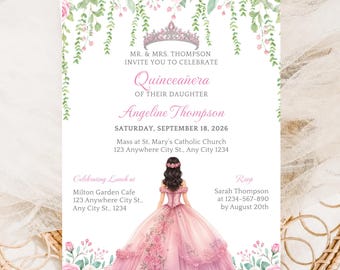 Blush Pink Quinceañera Birthday Invitation Template, Princess Floral Quince Invitation, Pink Roses Sweet 15 Invite, Digital Download