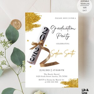 faire-part de remise des diplômes moderne | Faire-part pour la promotion 2025 | Modèle numérique modifiable | Faire-part de remise des diplômes or et noir | Fête des diplômés