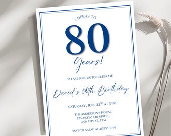 80th Birthday Invitation, Minimalist 80th Birthday Invite, Modern Mens Birthday Invitation, Editable Template, Instant Download