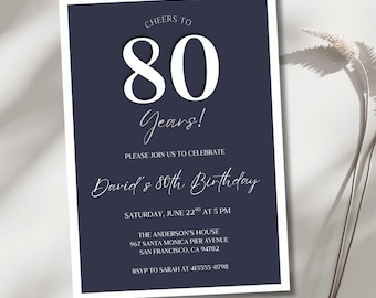 80th Birthday Invitation, Minimalist 80th Birthday Invite, Modern Mens Birthday Invitation, Editable Template, Instant Download