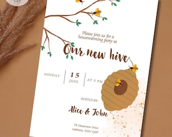 Invitation de pendaison de crémaillère sur le thème d'abeille | Notre nouvelle invitation à une fête de la ruche | Nid d'abeille mignon à imprimer | Carte numérique personnalisée