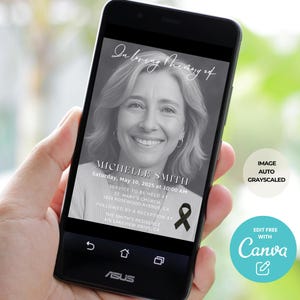 Invitación digital a un funeral, celebración de la vida, invitación telefónica, conmemoración, plantilla de mensaje de texto editable para anuncio de funeral.