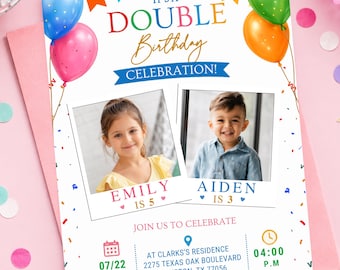 Double Birthday Invitation for 2 Kids - Colorful Joint Party Invite - Printable, Instantly Download, Digital File - Sibling Birthday