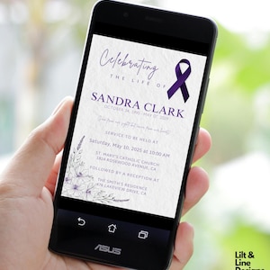Invito funebre digitale, celebrazione della vita, invito telefonico commemorativo, modello modificabile, invito funebre con messaggio di testo, design Canva