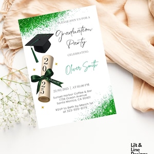 Modèle d'invitation de remise des diplômes modifiable | Faire-part de fête écologique de la promotion 2025 | Invitation à une fête des diplômés en téléchargement numérique | Carte de finissants imprimable