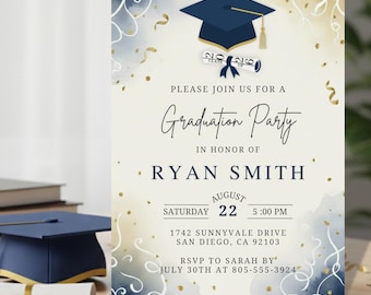 Convite para Festa de Formatura, Convite para a Turma de 2026, Anúncio de Formatura Azul, Download Digital Autoeditável, Cartão de Formatura para Imprimir