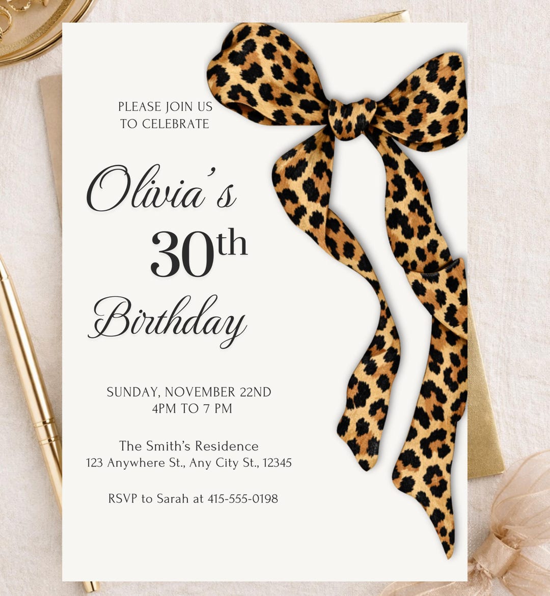Cheetah Print Birthday Invitation, Cheetah Bow Coquette Party Printable ...
