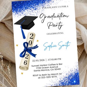 Invitación para fiesta de graduación, invitación para la clase de 2026, anuncio de graduación azul, descarga digital autoeditable, tarjeta de graduación imprimible