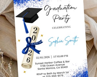 Graduation Party Invitation, Class of 2026 Invite, Blue Graduation Announcement, Self-Editable Digital Download, Printable Grad Card