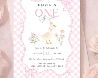 One Silly Goose First Birthday Invitation, Editable Template, Pink Gingham Goose Party Invite, Vintage Floral Bow Theme, Girl 1st Birthday