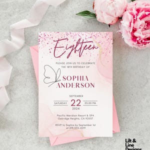 Invitation d'anniversaire élégante | Faire-part numérique rose et or | Thème papillon | Modèle modifiable | Téléchargement instantané | Imprimable