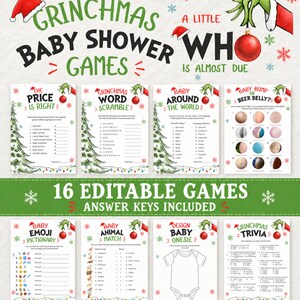 May include: A collection of sixteen printable baby shower game cards featuring Grinch-themed illustrations, including a green hand holding a red ornament, Santa hats, and Christmas trees. The text reads Grinchmas Baby Shower Games.