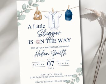 Baseball Baby Shower Invitation, A Little Slugger Is On The Way Boy Baby Shower Invite, Sports Baby Shower, Digital Download Template