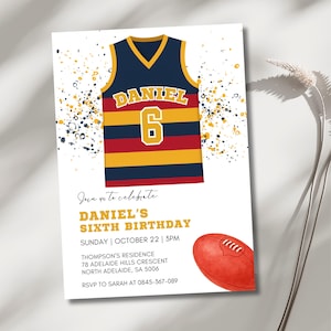 May include: A birthday invitation with a football jersey design, displaying the name "DANIEL" and the number "6". The invitation includes the text "DANIEL'S SIXTH BIRTHDAY" and event details. A red football is also shown.