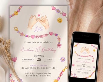 Friendship Bracelet Birthday Invitation, Editable Tween Girl Jewelry Making Party, Bead Bar Invite, In My Birthday Era  Digital Download