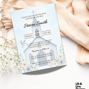 Faire-part de baptême moderne pour garçon | Conception d'église bleue modifiable | Faire-part de baptême numérique | Modèle de Carte de baptême de bébé garçon