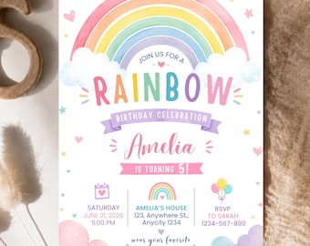 Rainbow Birthday Invitation, Girls Rainbow Party, Pastel Pink Gold Rainbow Clouds Hearts Rainbow of Fun Invite,  Printable Kids Party Invite