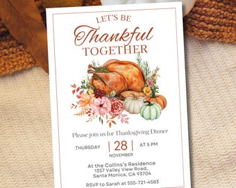 Thanksgiving Invitation, Thanksgiving Dinner Invitation, Friendsgiving Invitation, Thankful Together Invitation, Fall Party Invite Digital