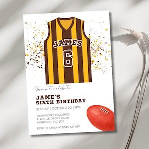 May include: A white birthday invitation featuring a brown and gold football jersey with the name "JAMES" and the number "6". The card includes event details, a red football illustration, and the text "JAME'S SIXTH BIRTHDAY".