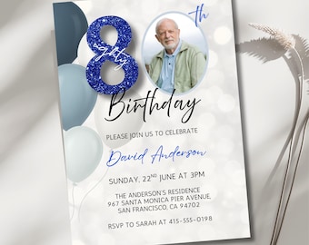 80th Birthday Invitation, Minimalist 80th Birthday Invitation with Photo, Mens Birthday Invite, Modern Invite, Instant Download