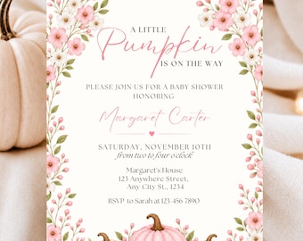 Little Pumpkin Is on Her Way Baby Shower Invitation, Pink Pumpkin Bow, fall invite, Digital Download