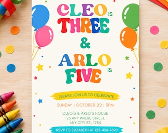 Double Birthday Invitation for 2 Kids , Colorful Joint Party Invite , Printable, Instantly Download, Digital File , Sibling Birthday