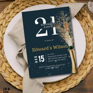 Invitación de cumpleaños número 21 / Invitación digital para fiesta con champán / Tarjeta de cumpleaños moderna dorada para evitar / Tarjeta de cumpleaños imprimible para él o ella