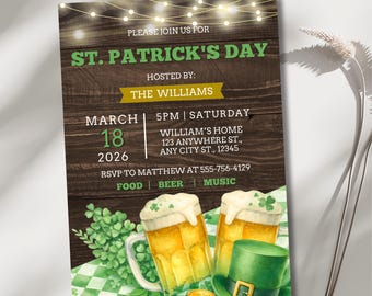Editable St. Patrick's Day Party Invitation, Green Shamrock Beer Party Invite, Rustic Irish Pub Celebration, Digital Download, Mobile Invite