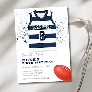 May include: A white invitation card with a navy blue and white striped jersey design, featuring the name "MITCH" and the number "6". The invitation announces "Mitch's Sixth Birthday" with event details and a red football illustration.