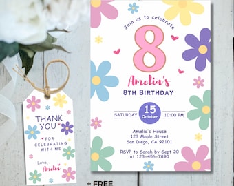 Invitación de cumpleaños con margaritas, invitación de cumpleaños floral, invitación de cumpleaños con margaritas en tonos pastel, fiesta de flores en acuarela, invitación de octavo cumpleaños, digital