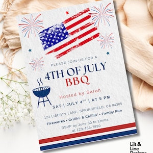 Invito per il barbecue del 4 luglio, invito modificabile per la festa dell'Indipendenza, grigliata estiva patriottica, stampabile con i colori rosso, bianco e blu, download immediato