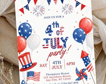 4th of July Party Invitation | Red White Blue Bow | Patriotic BBQ Invite | Independence Day BBQ | Editable 4th of July | Summer BBQ Backyard