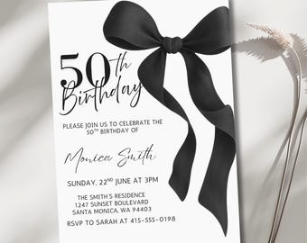May include: A white invitation card with a large black bow at the top. The text reads "50th Birthday" in a stylish font, with additional details about the event, including the date, time, and location. RSVP information is also included.