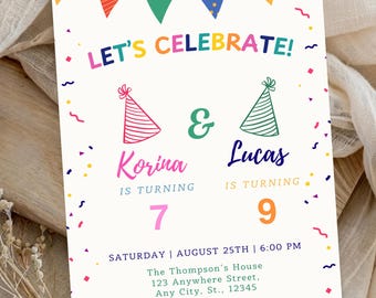 Double Birthday Invitation for 2 Kids - Colorful Joint Party Invite  - Printable, Instantly Download, Digital File - Sibling Birthday