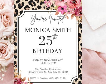Cheetah Print Birthday Invitation, Leopard Birthday Invitation, Pink Leopard Party Invite, Wild Birthday Party Invite, 25th Birthday Invite